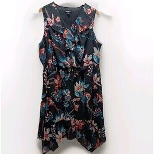 Roz Ali Black Floral Print Ruffle V-neck Dress Women's Size 20